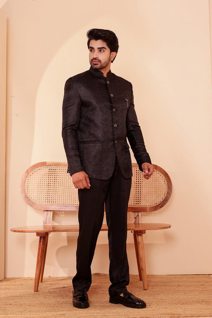 Black Paisley Patterned Jodhpuri Suit.