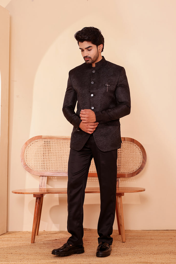 Black Paisley Patterned Jodhpuri Suit.