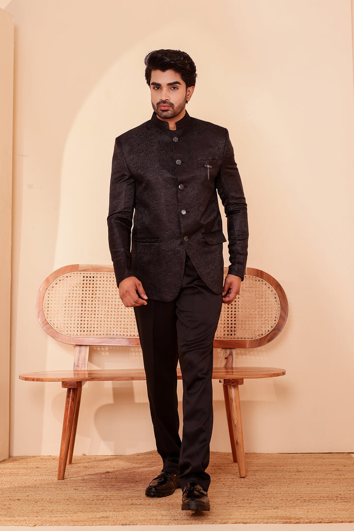 Black Paisley Patterned Jodhpuri Suit.