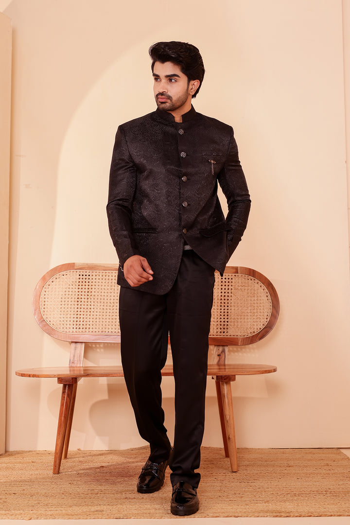 Black Paisley Patterned Jodhpuri Suit.