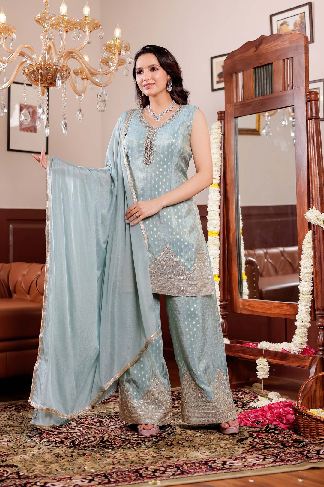Light Blue Banarsi Butti Palazzo Suit.