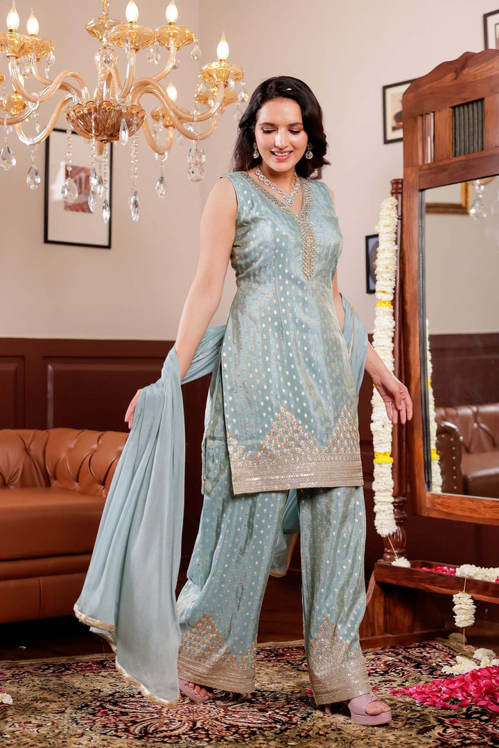 Light Blue Banarsi Butti Palazzo Suit.