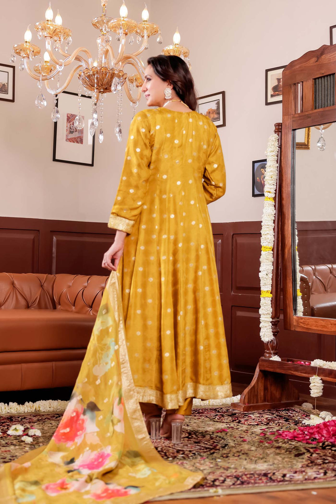 Mustard Long Sleeves Banarsi Silk Anarkali Suit.