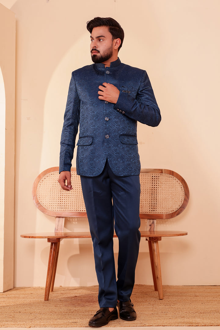 Midnight Blue Paisley Patterned Jodhpuri Suit.