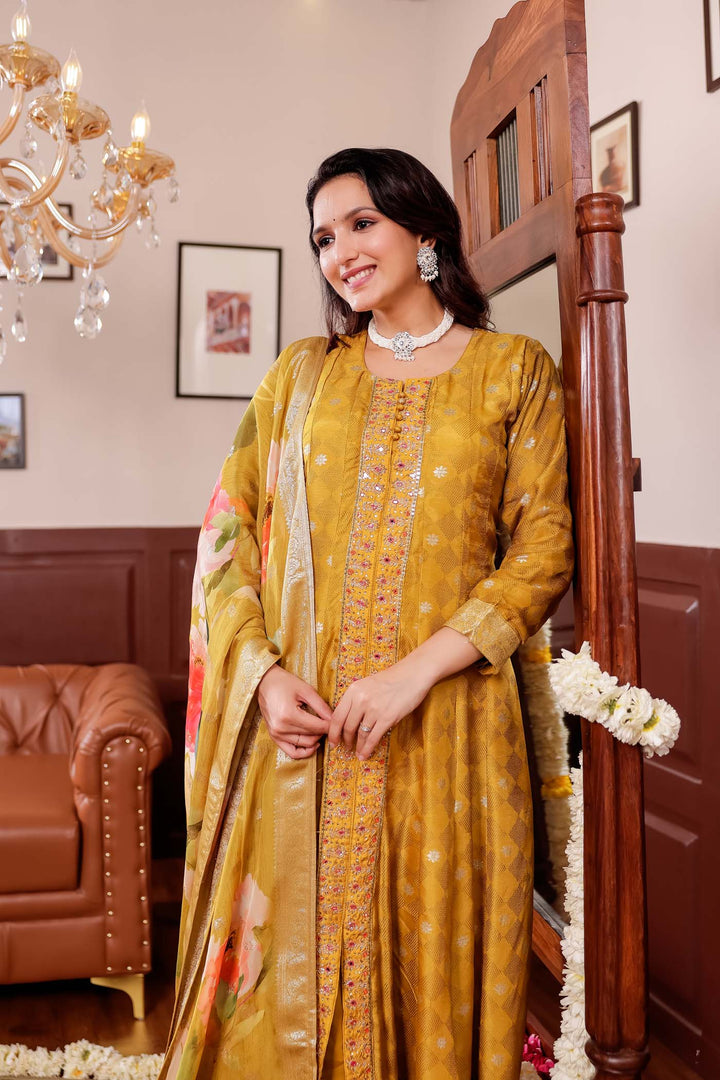 Mustard Long Sleeves Banarsi Silk Anarkali Suit.