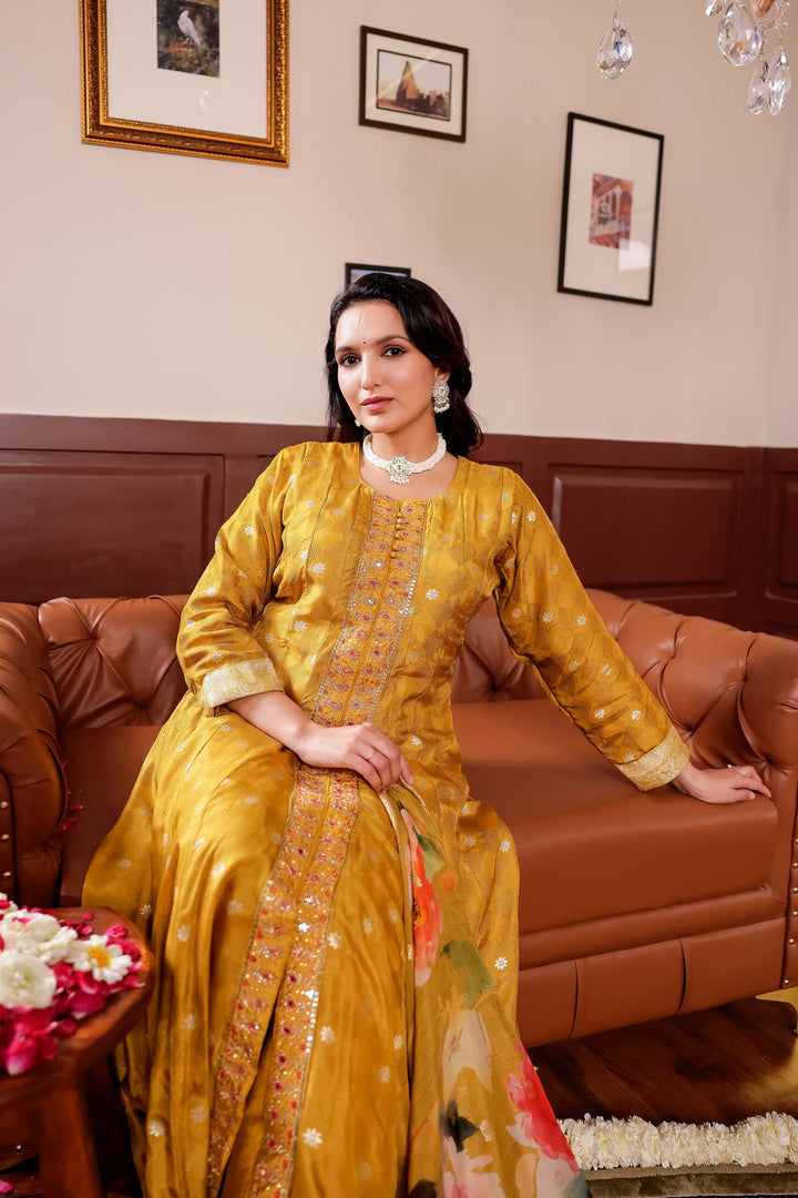 Mustard Long Sleeves Banarsi Silk Anarkali Suit.