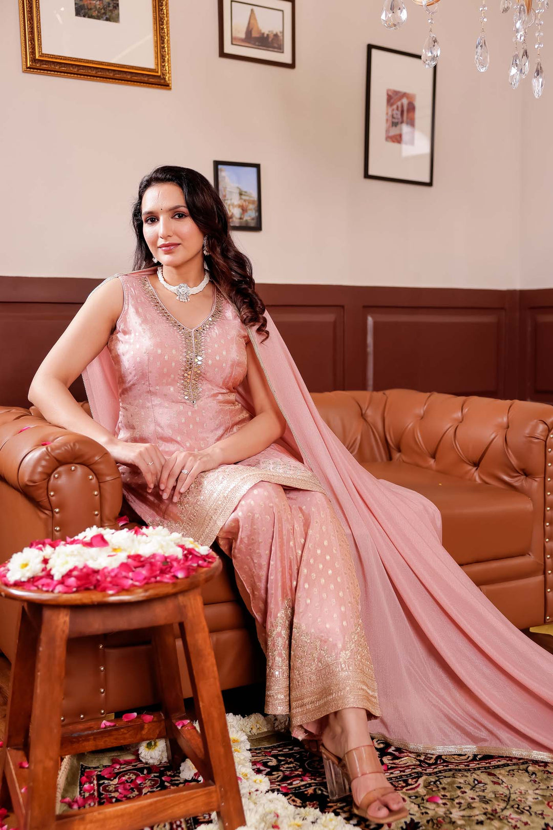 Dusty Pink Banarsi Butti Palazzo Suit.
