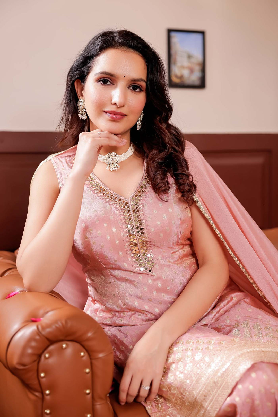 Dusty Pink Banarsi Butti Palazzo Suit.