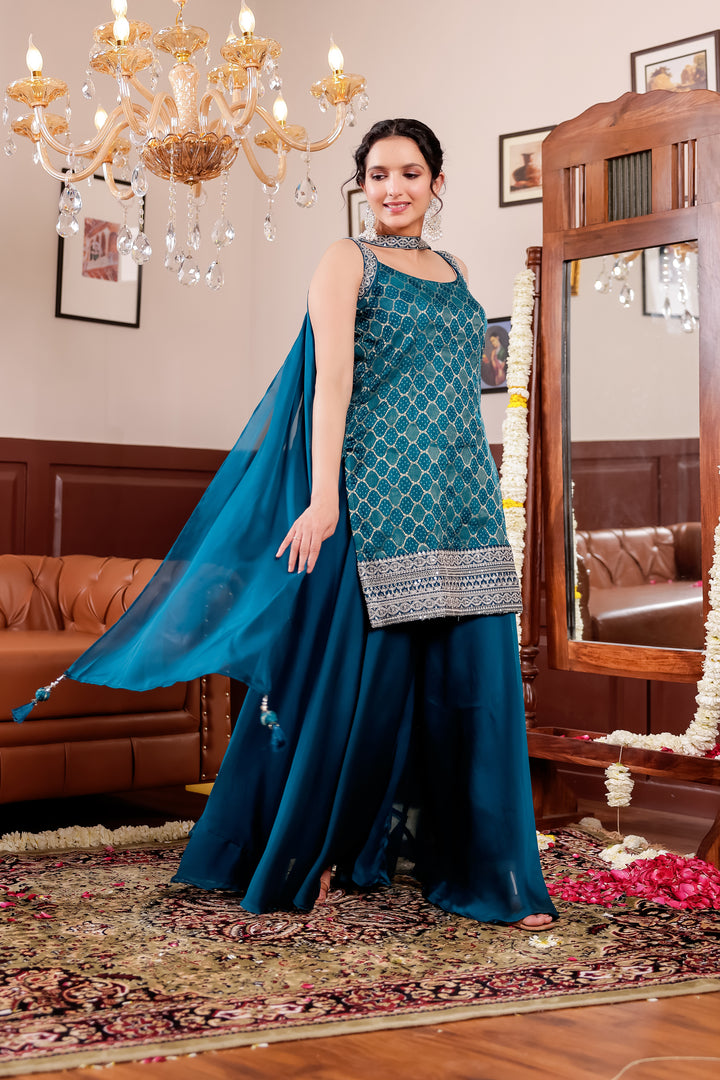 Peacock Blue Vichitra Silk Palazzo Suit