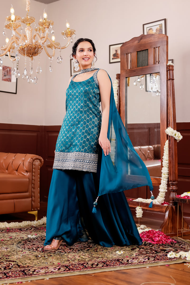 Peacock Blue Vichitra Silk Palazzo Suit