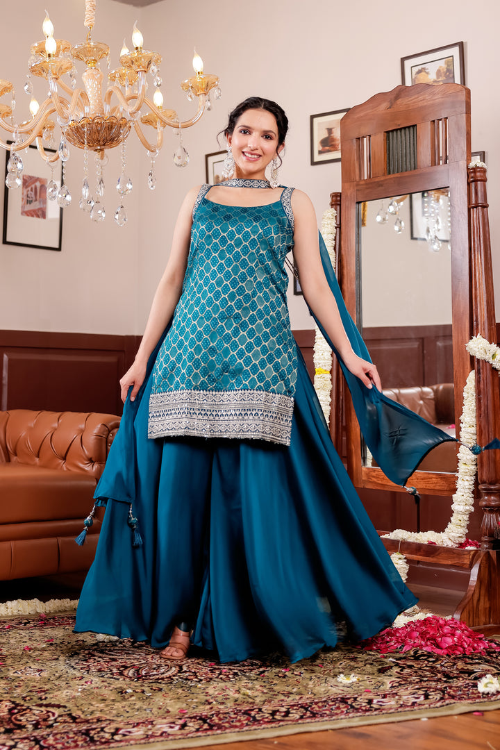 Peacock Blue Vichitra Silk Palazzo Suit