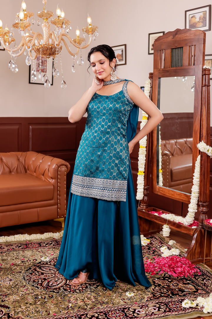 Peacock Blue Vichitra Silk Palazzo Suit