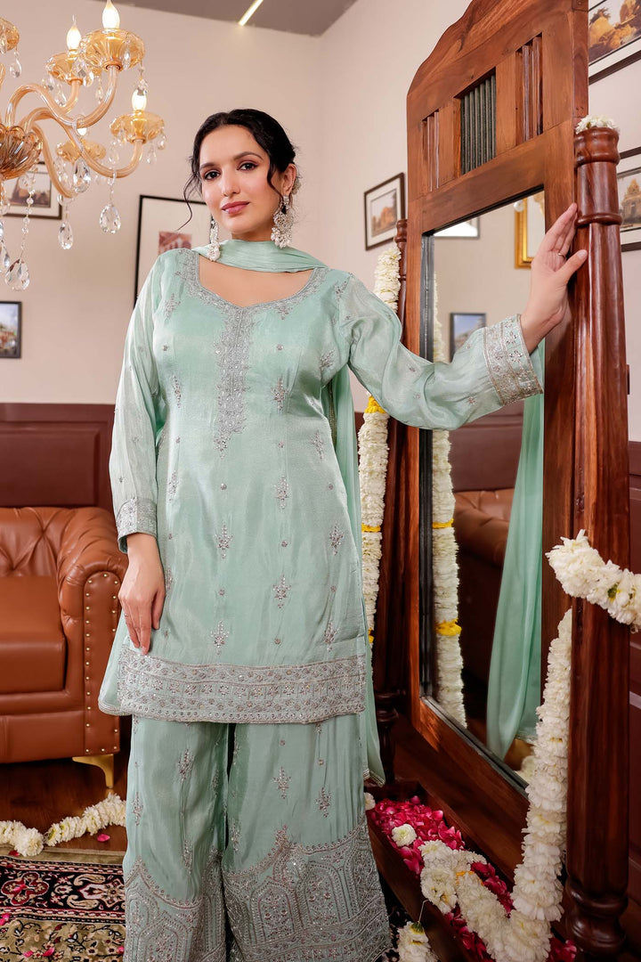 Sea Green Soft Silk Palazzo Suit.