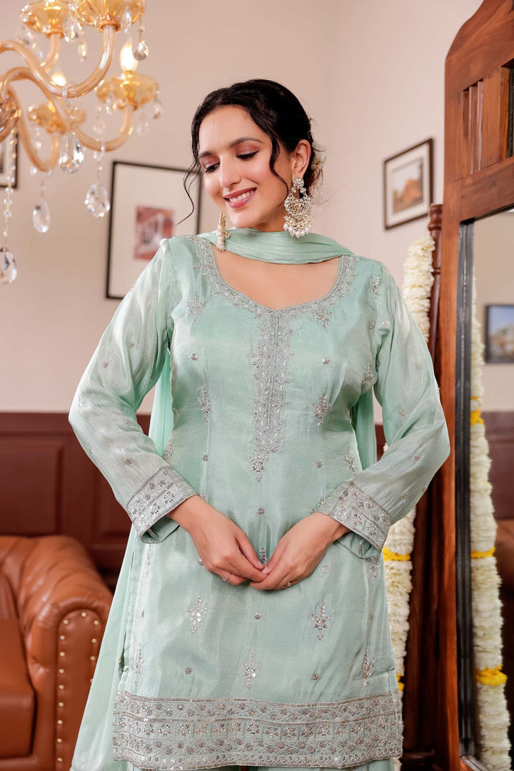 Sea Green Soft Silk Palazzo Suit.