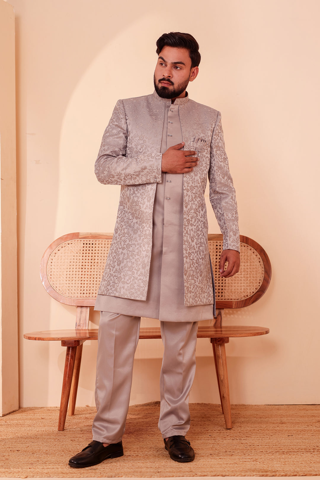 Tan Grey Brocade Silk Jacket Style Indo-western Suit.