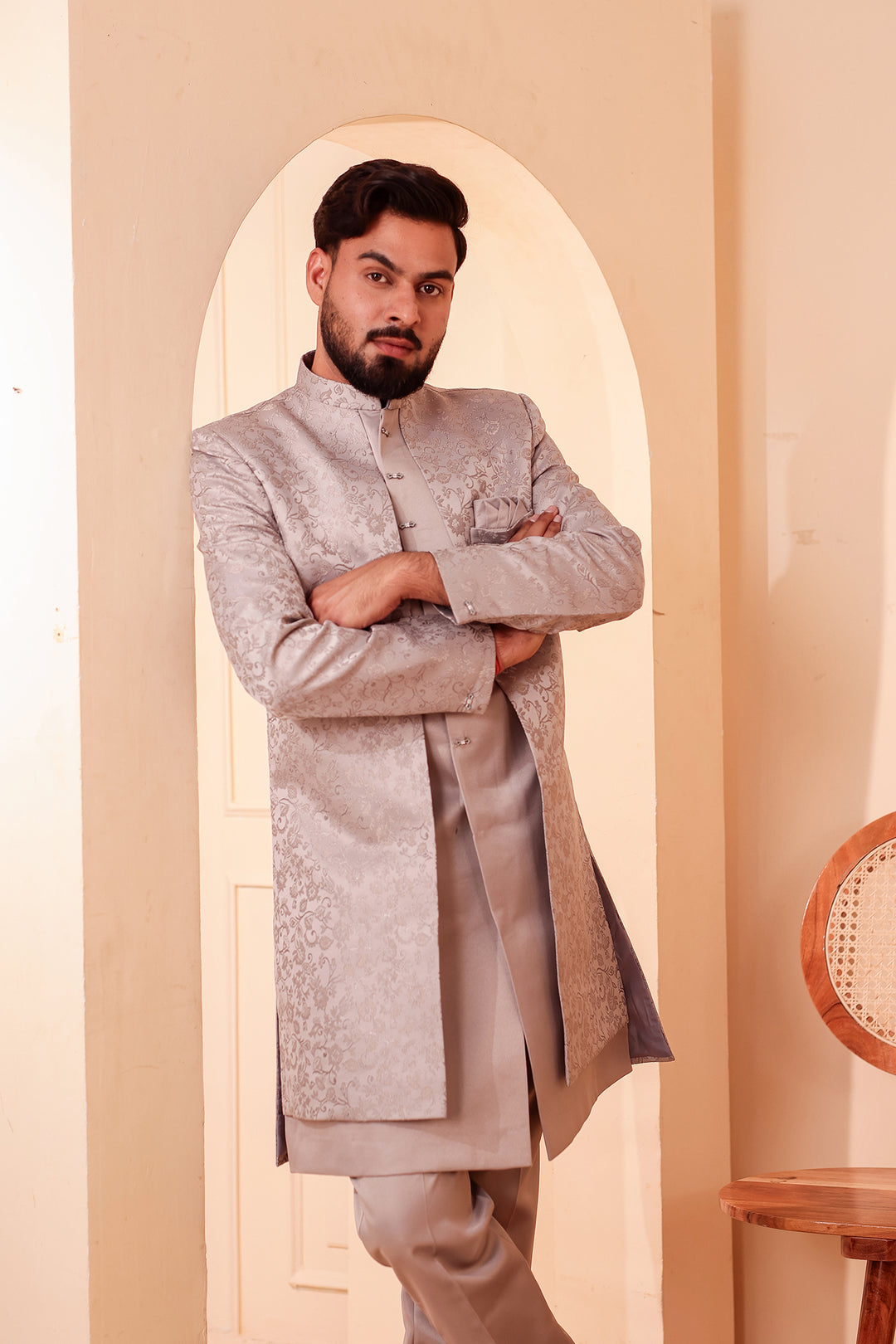Tan Grey Brocade Silk Jacket Style Indo-western Suit.