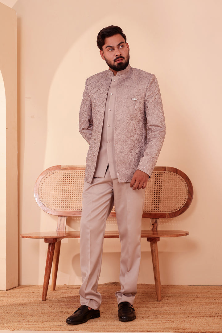 Salmon Heavy Embroidered 3pcs Jacket Style Jodhpuri Suit.