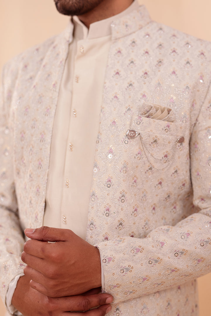 Ivory Designer Open Jacket Indo-Western Suit Embroidered with Sequin & Thread.