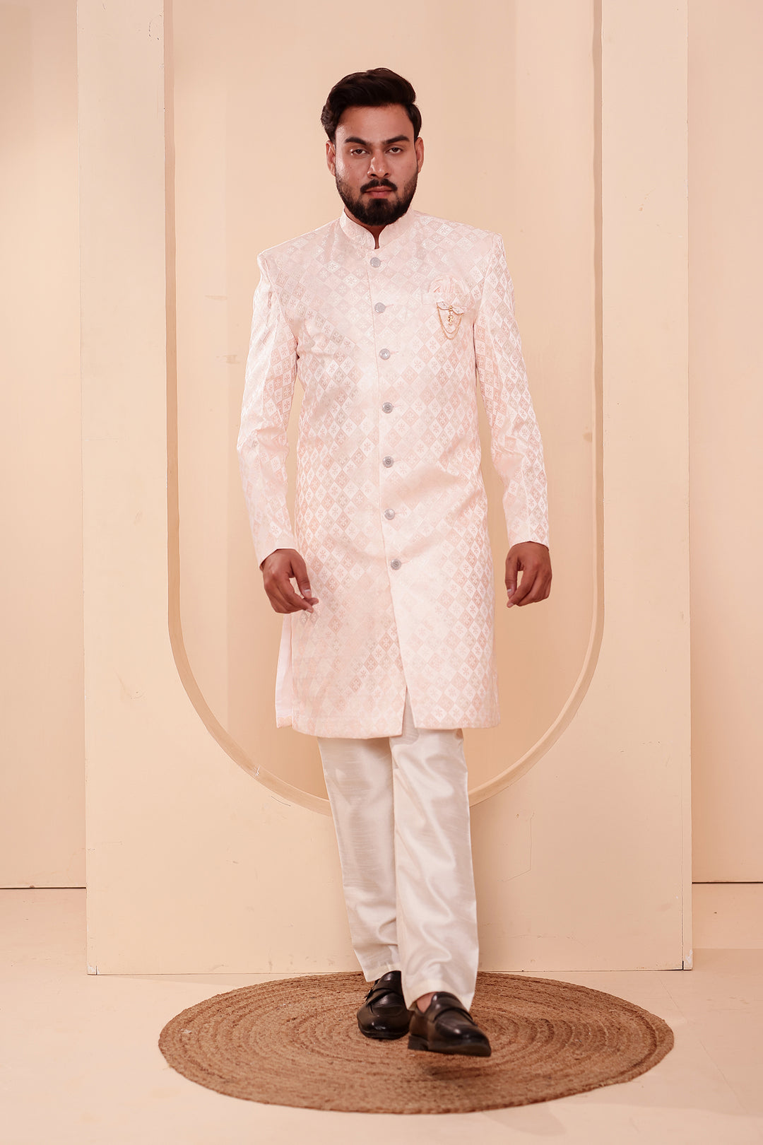 Peach Brocade Silk Indo-western Suit.