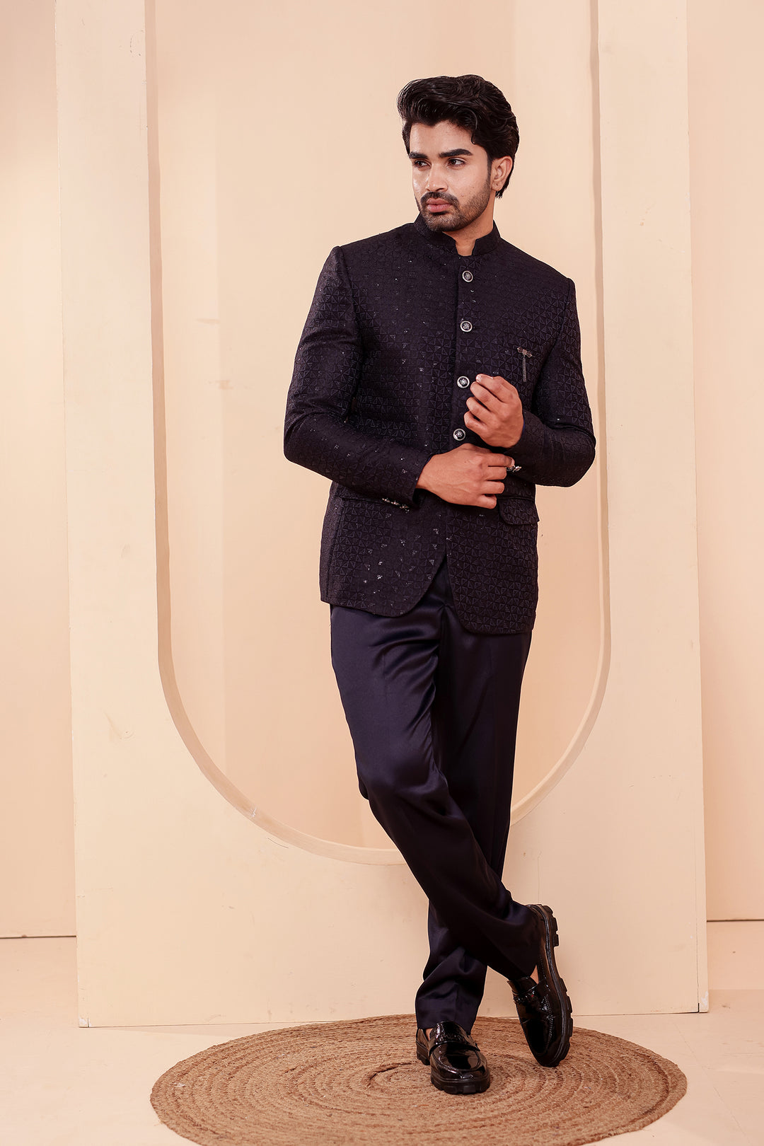 Navy Blue Brocade Silk Jodhpuri Suit with Sequin Work.