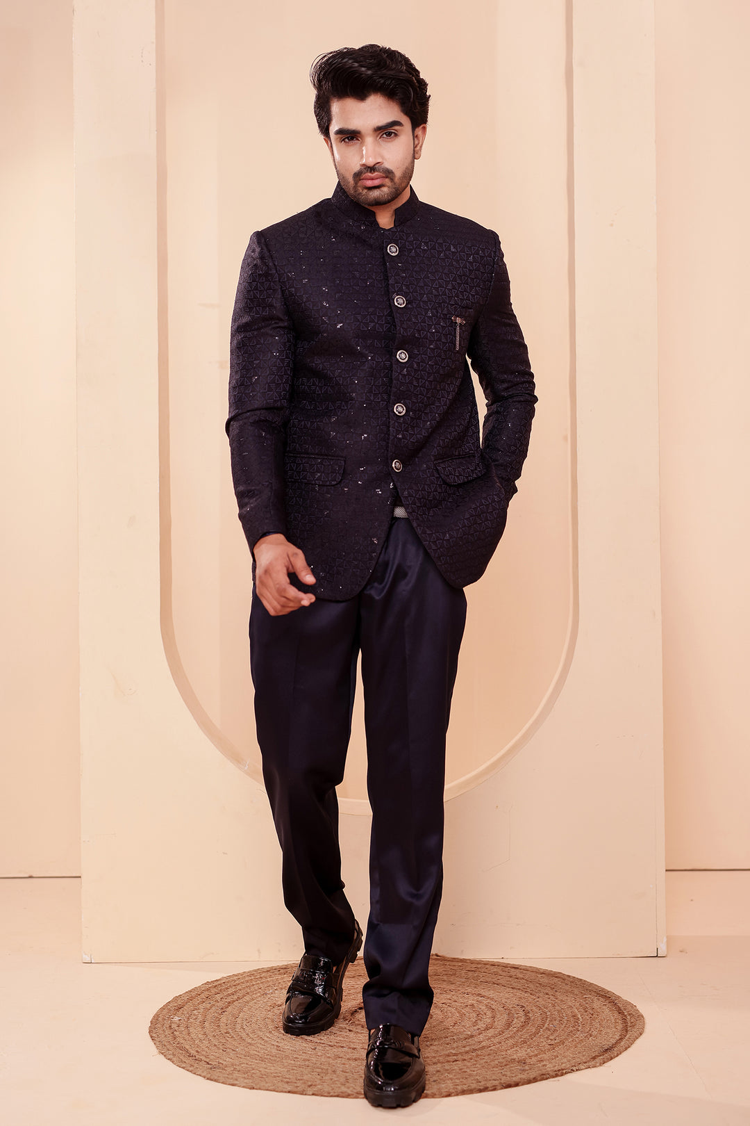 Navy Blue Brocade Silk Jodhpuri Suit with Sequin Work.