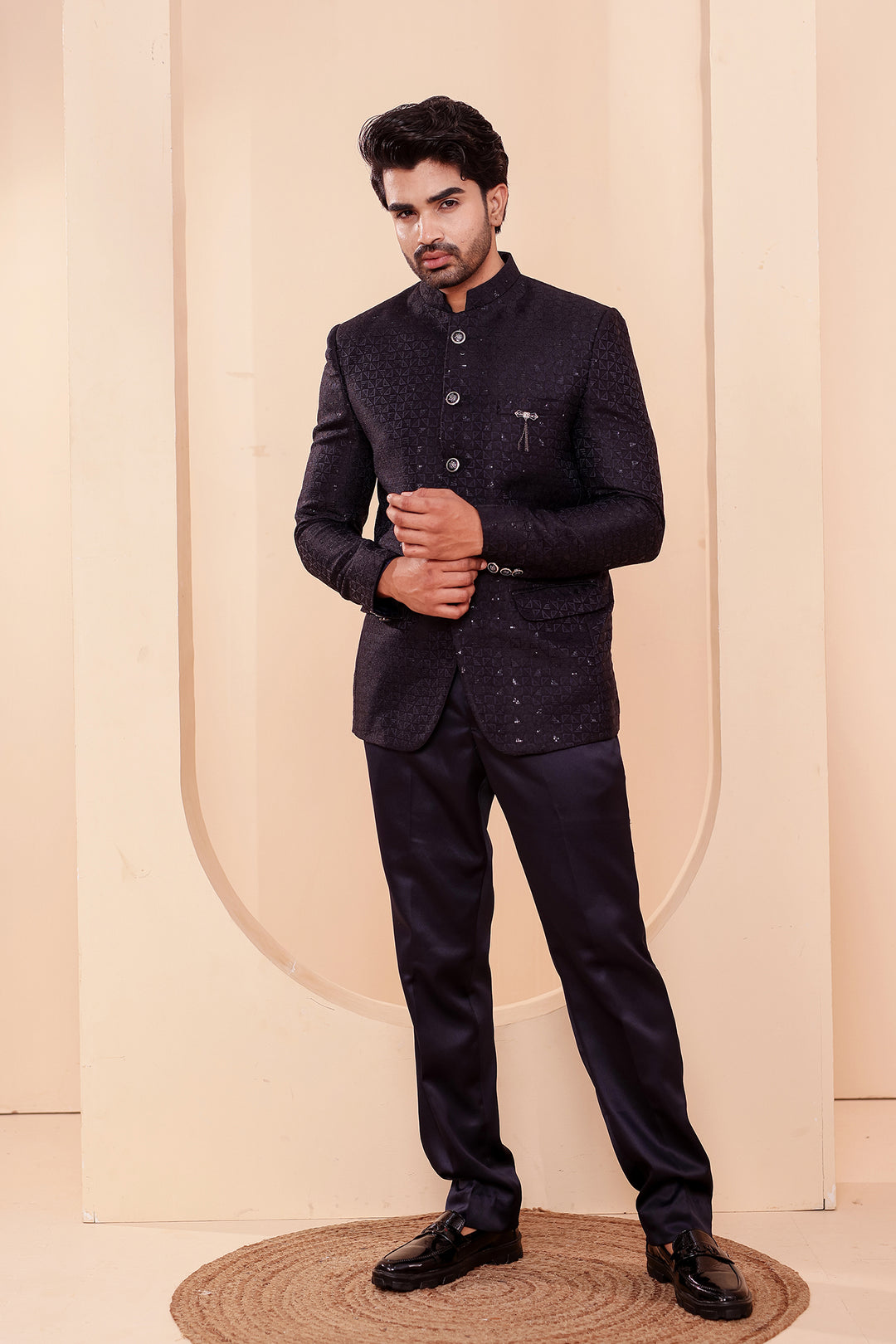Navy Blue Brocade Silk Jodhpuri Suit with Sequin Work.