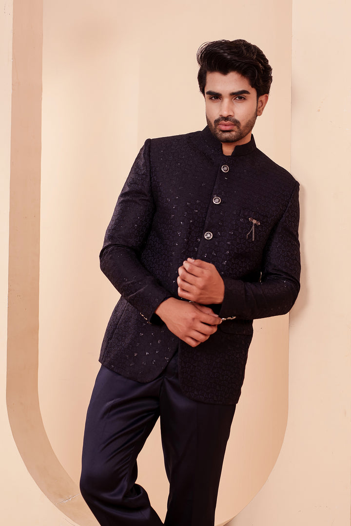 Navy Blue Brocade Silk Jodhpuri Suit with Sequin Work.