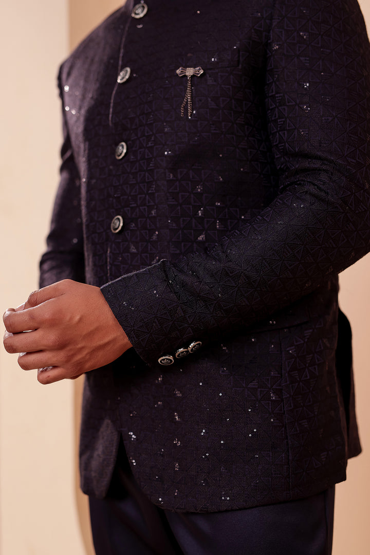 Navy Blue Brocade Silk Jodhpuri Suit with Sequin Work.
