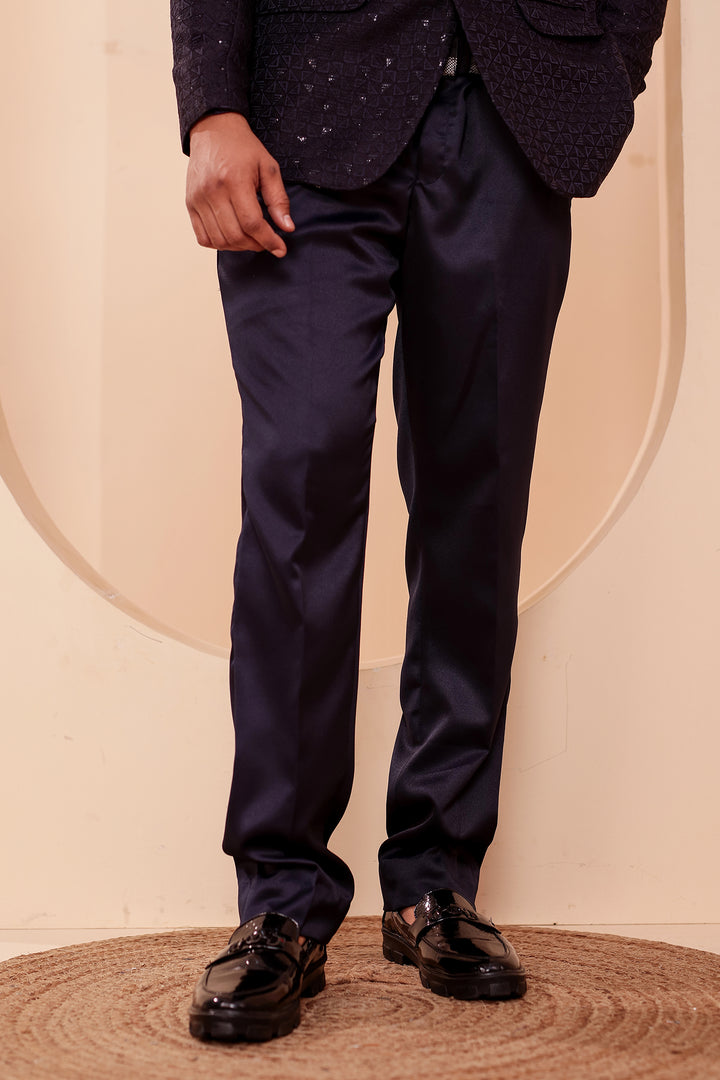 Navy Blue Brocade Silk Jodhpuri Suit with Sequin Work.