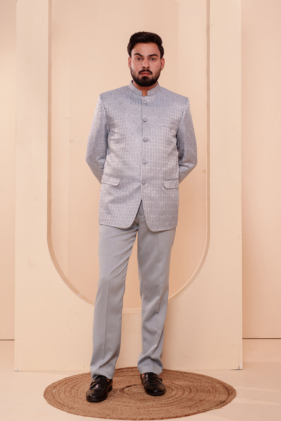 Light Blue Brocade Weave Silk Jodhpuri Suit.