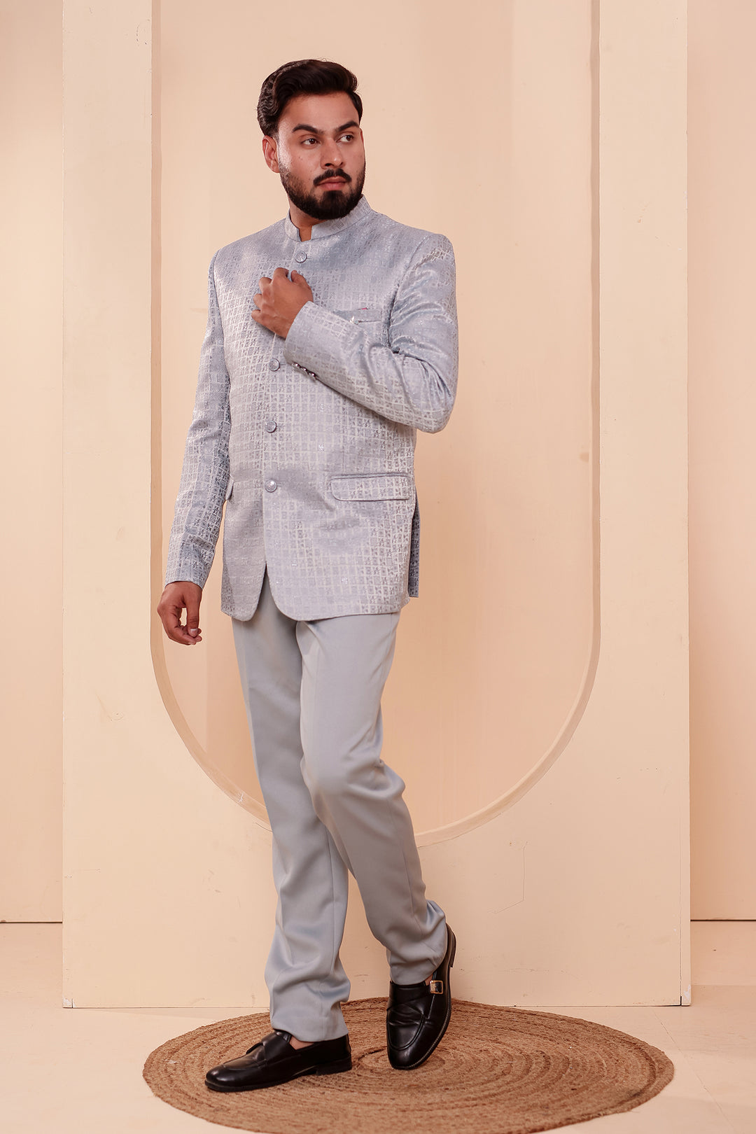 Light Blue Brocade Weave Silk Jodhpuri Suit.