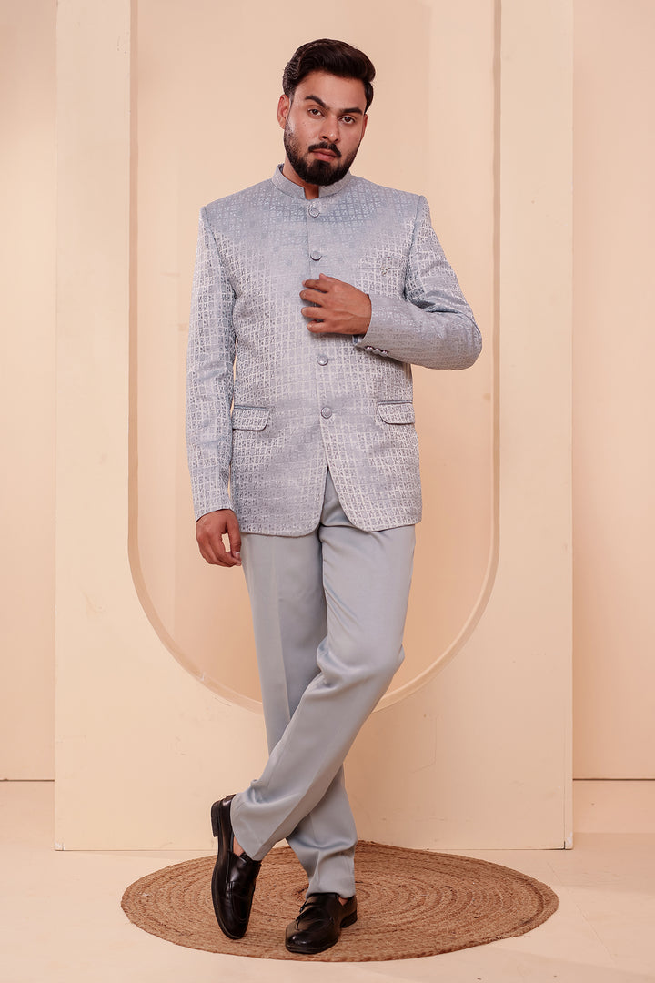 Light Blue Brocade Weave Silk Jodhpuri Suit.