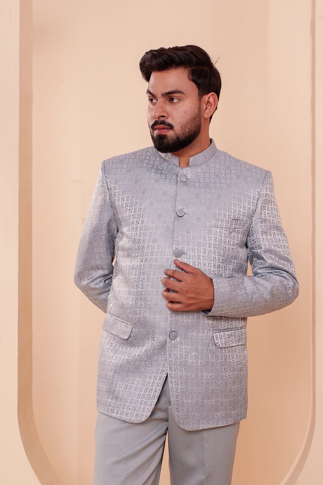 Light Blue Brocade Weave Silk Jodhpuri Suit.