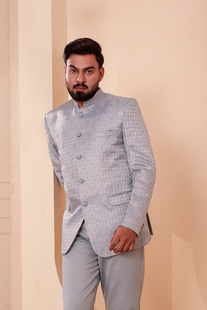Light Blue Brocade Weave Silk Jodhpuri Suit.