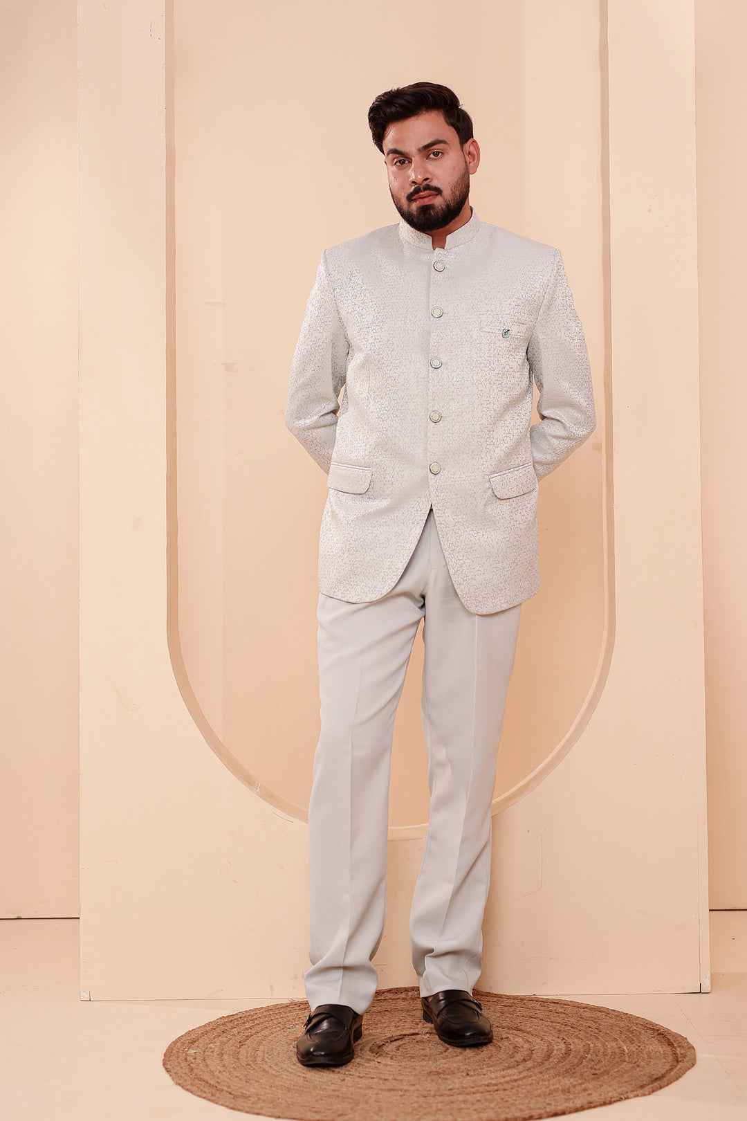 Light Mint Jacquard Weave Jodhpuri Suit.