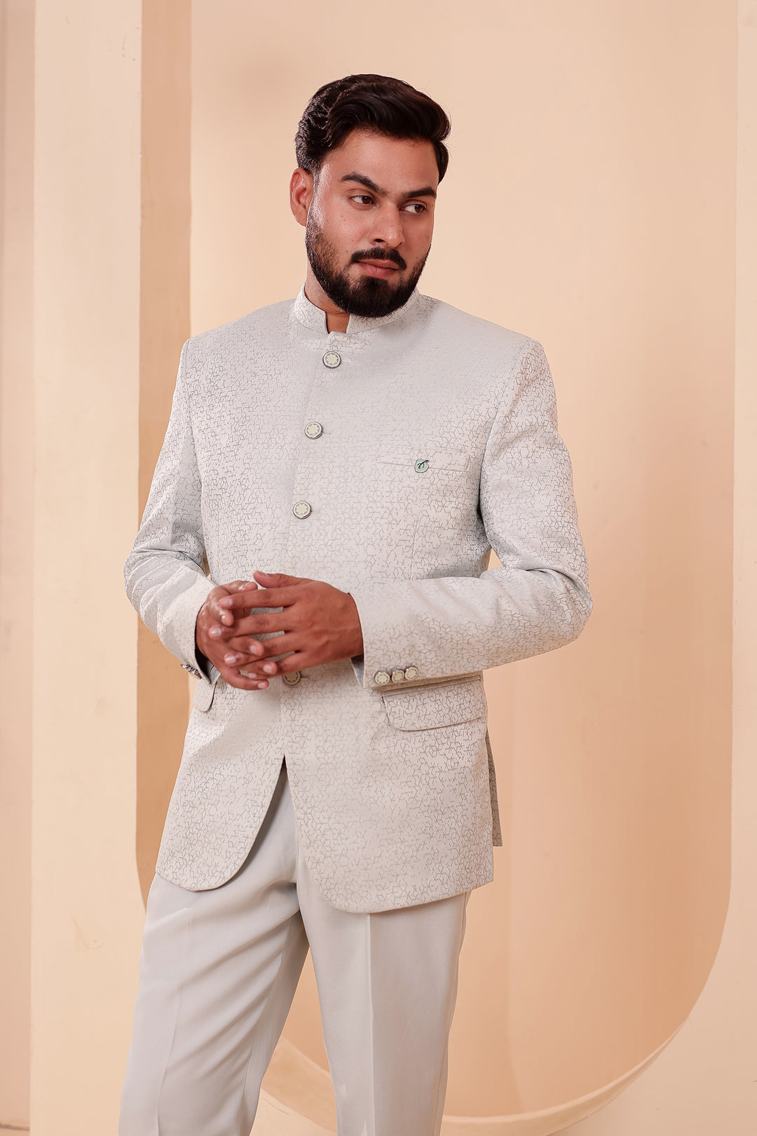 Light Mint Jacquard Weave Jodhpuri Suit.