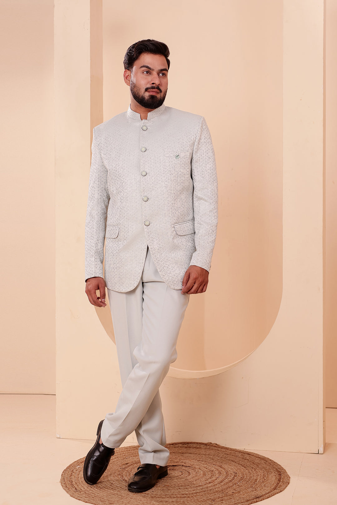 Light Mint Jacquard Weave Jodhpuri Suit.
