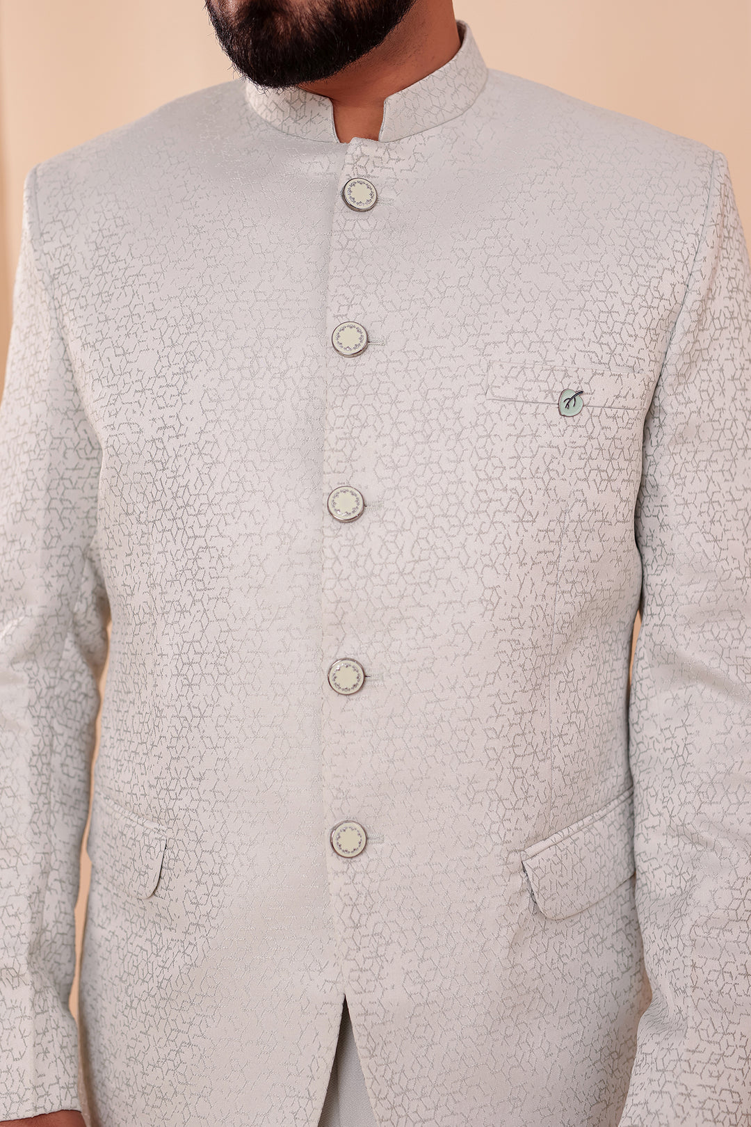 Light Mint Jacquard Weave Jodhpuri Suit.