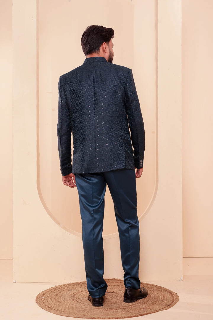 Jade Green Brocade Silk Jodhpuri Suit with Sequin Work.