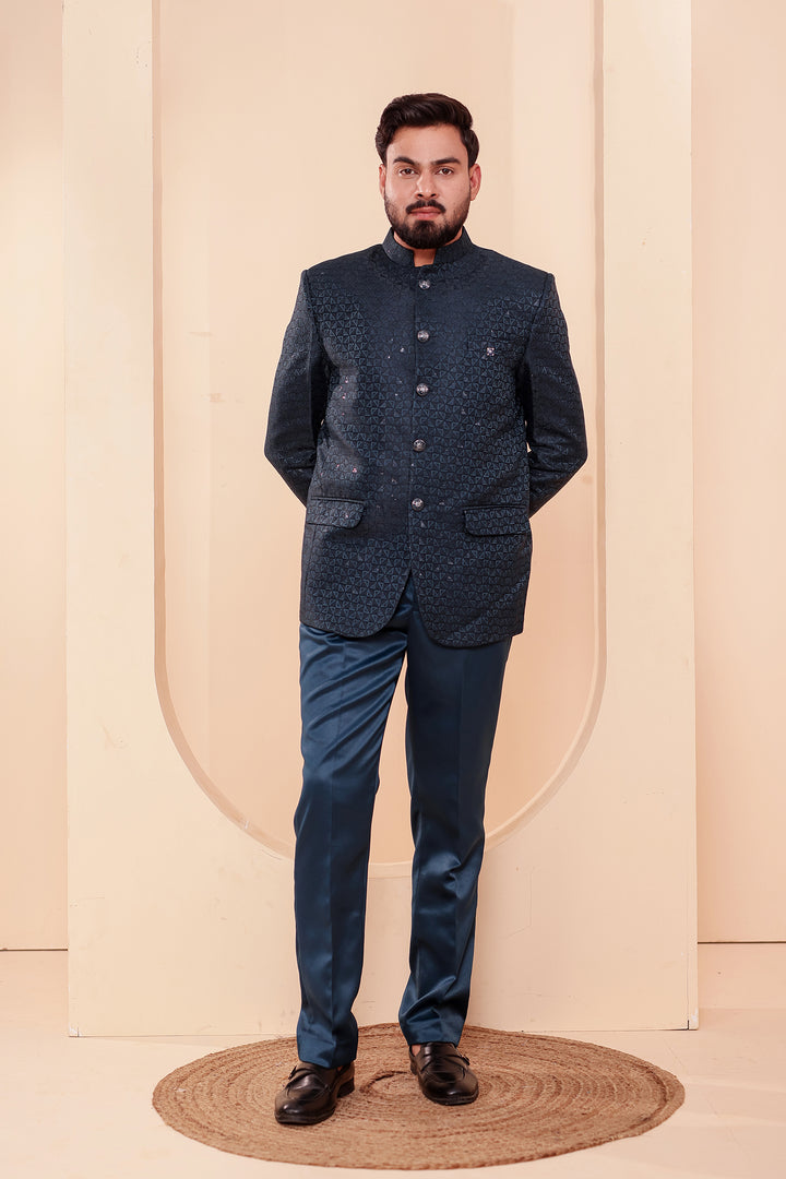 Jade Green Brocade Silk Jodhpuri Suit with Sequin Work.