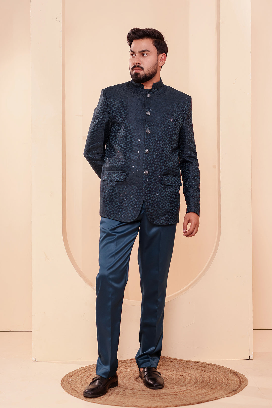 Jade Green Brocade Silk Jodhpuri Suit with Sequin Work.