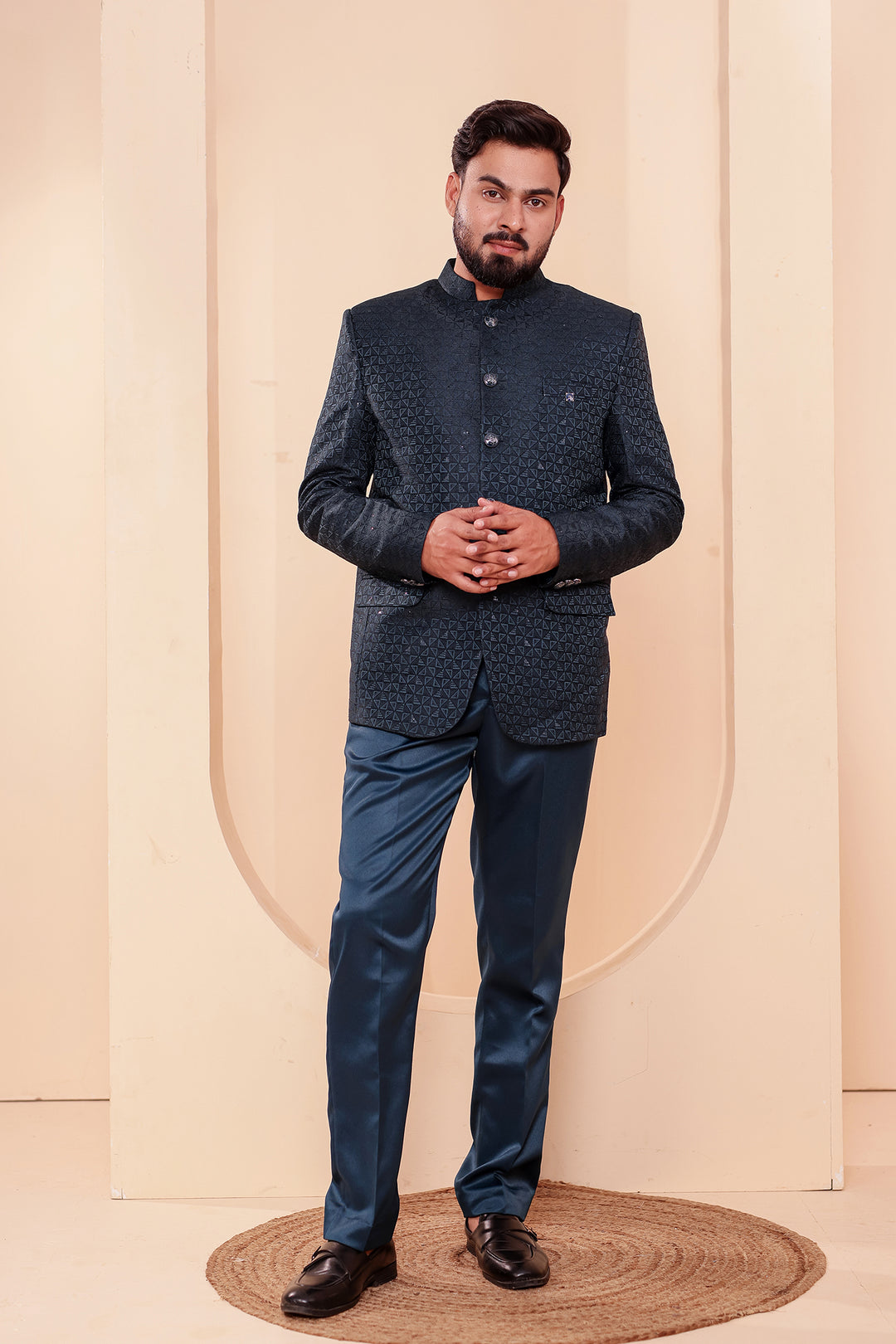 Jade Green Brocade Silk Jodhpuri Suit with Sequin Work.