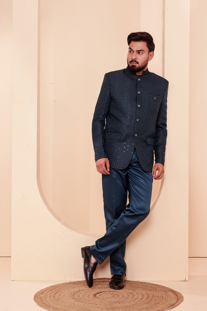 Jade Green Brocade Silk Jodhpuri Suit with Sequin Work.
