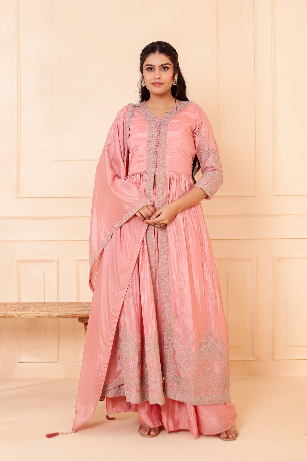 Light Peach Chinon Silk Long Anarkali with Skirt.