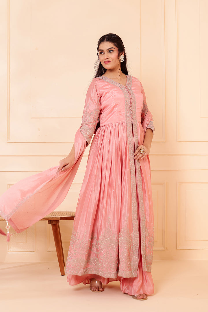 Light Peach Chinon Silk Long Anarkali with Skirt.