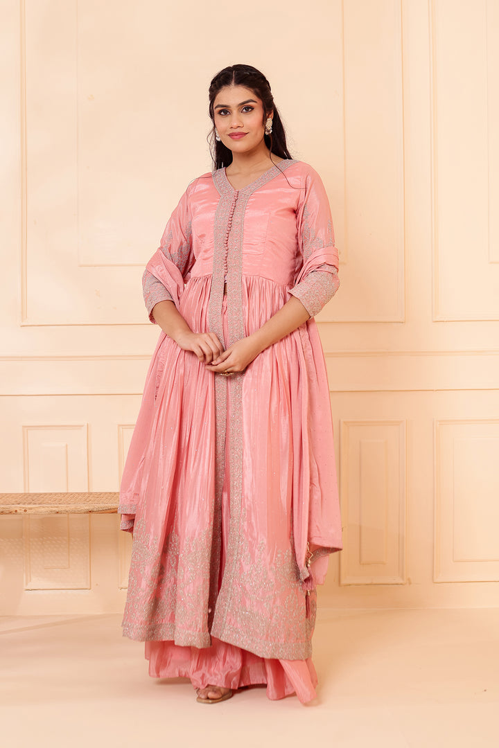 Light Peach Chinon Silk Long Anarkali with Skirt.