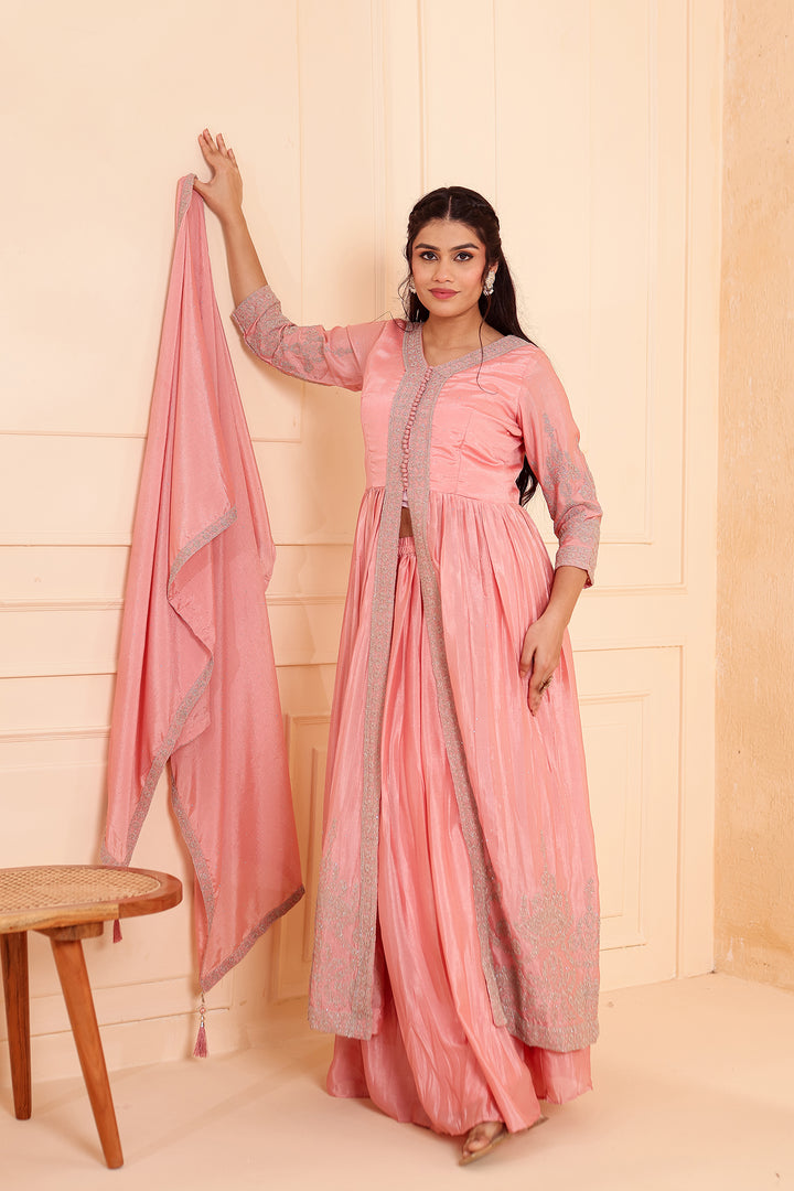 Light Peach Chinon Silk Long Anarkali with Skirt.