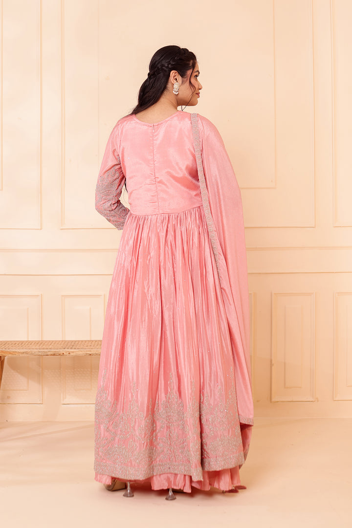Light Peach Chinon Silk Long Anarkali with Skirt.