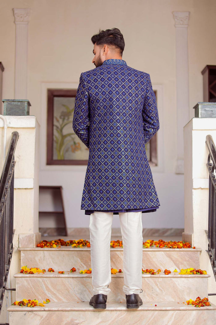 Navy Blue Lucknowi Jacket Style Indo-Western Suit