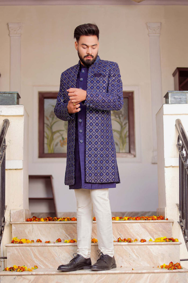 Navy Blue Lucknowi Jacket Style Indo-Western Suit